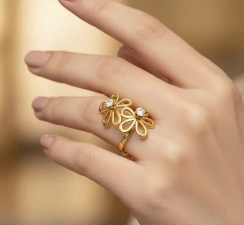 Double Floral CZ Ring - Anti-Tarnish Fashion Jewelry for Women