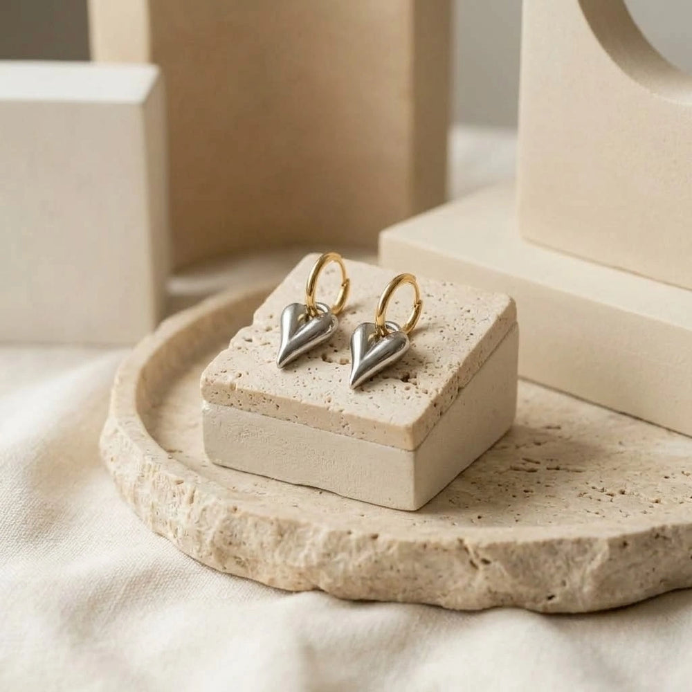 Dual Tone Heart Drop Hoop Earrings - Anti Tarnish Gold Plated