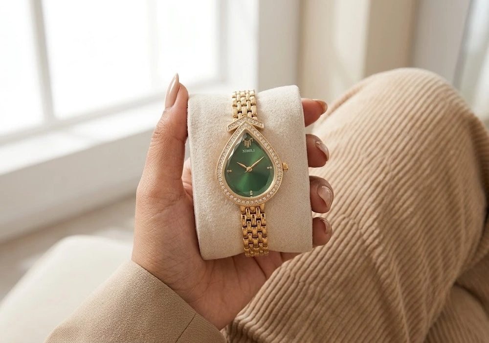 Emerald Teardrop Luxury Watch - Anti-Tarnish Gold Plated | Moncheri Jewels