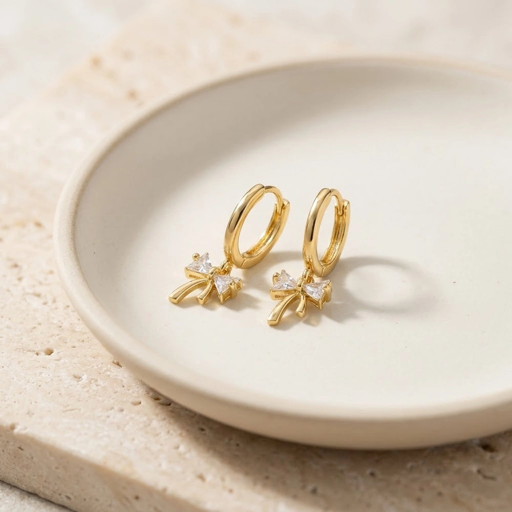 Coquette Crystal Bow Dangle Earrings - Anti Tarnish Gold Plated