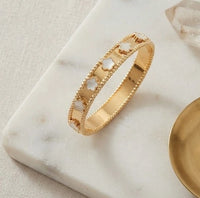 White Floral Motif Bangle - Anti Tarnish Gold Plated Bracelet