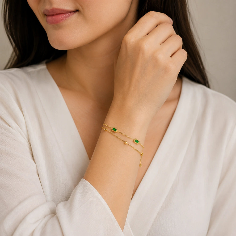 Emerald Green Double Layer Chain Bracelet - Anti-Tarnish Gold-Plated Minimalist Jewelry