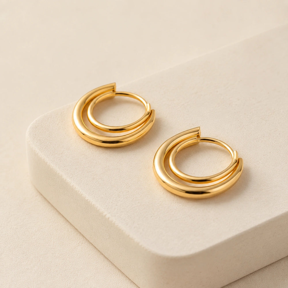 Double Layer Hoop Earrings - Anti Tarnish Gold Plated Korean