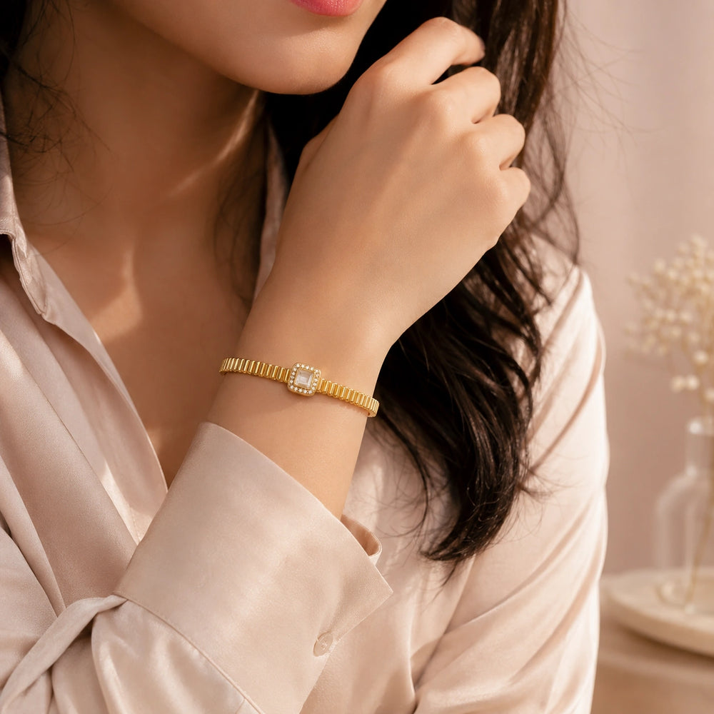 Crystal Halo Ribbed Bangle - Anti-Tarnish Gold Plated Bracelet