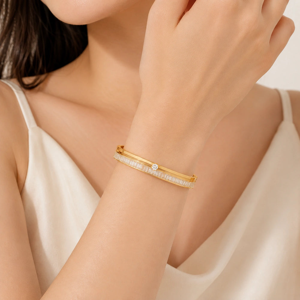 Baguette Crystal Gold Plated Bangle | Anti-Tarnish Minimalist Bracelet