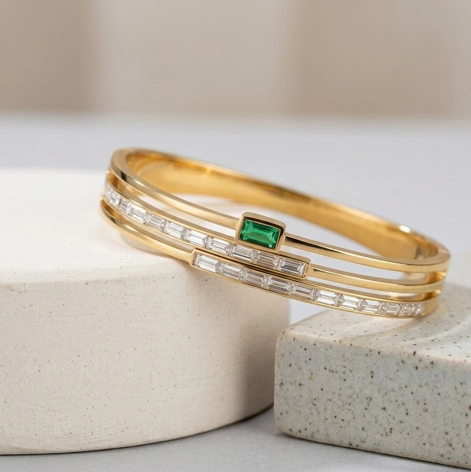 Emerald Green Stone Layered Gold Plated Bracelet | Anti-Tarnish