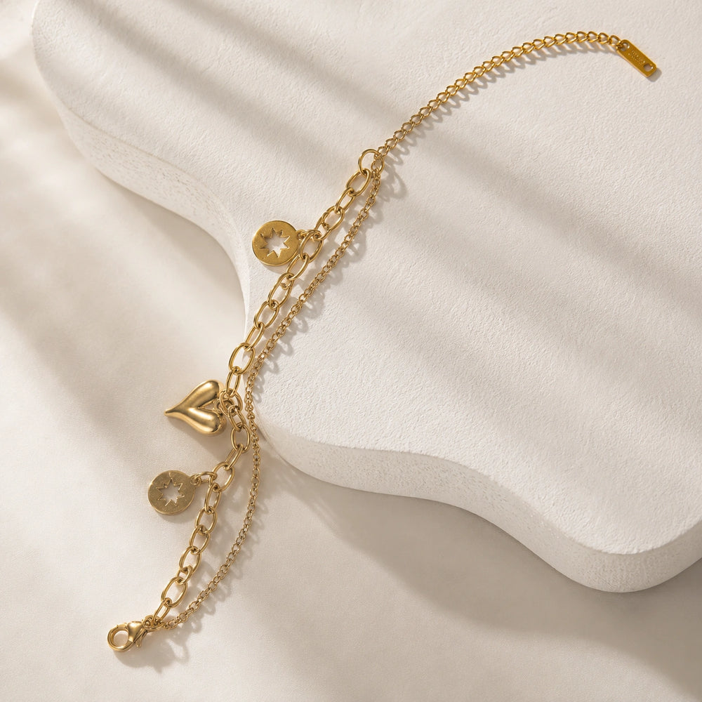 Heart & Star Double Layer Charm Bracelet | Anti-Tarnish Gold Plated