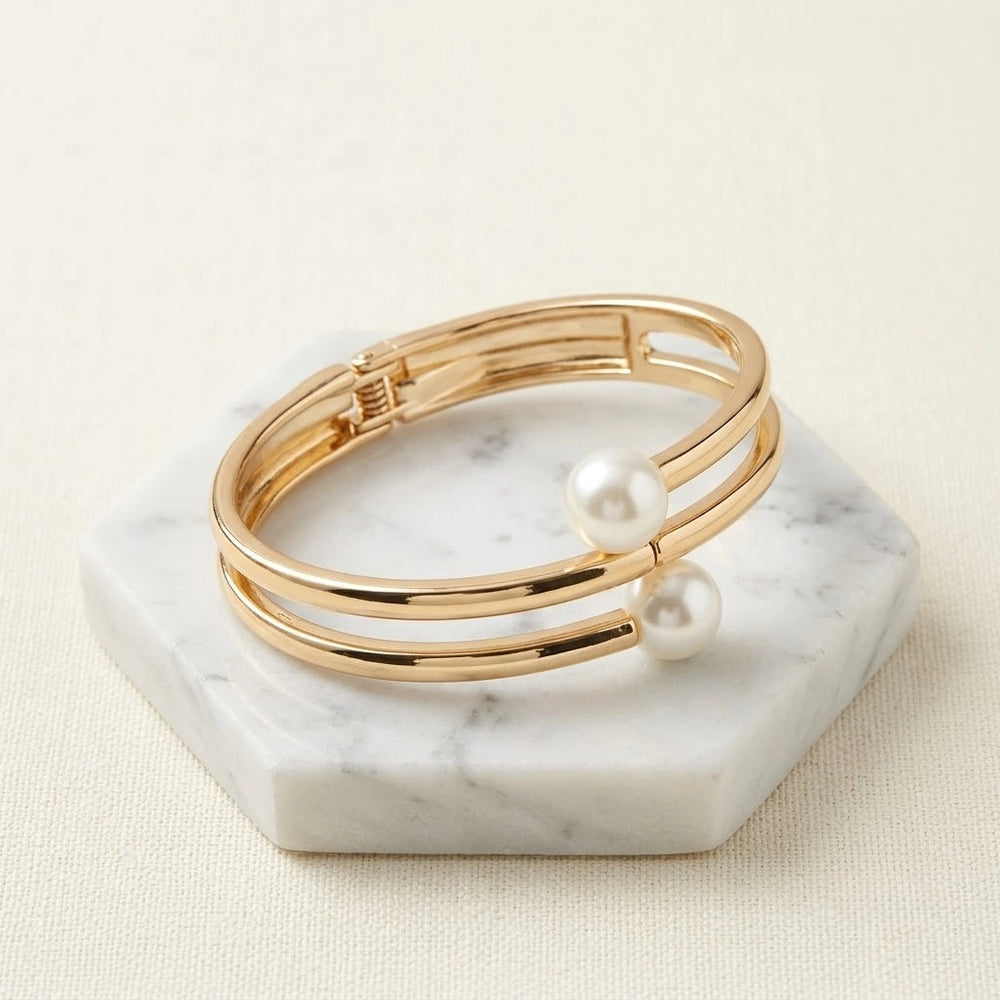 Korean Pearl Double Band Gold Plated Cuff Bracelet