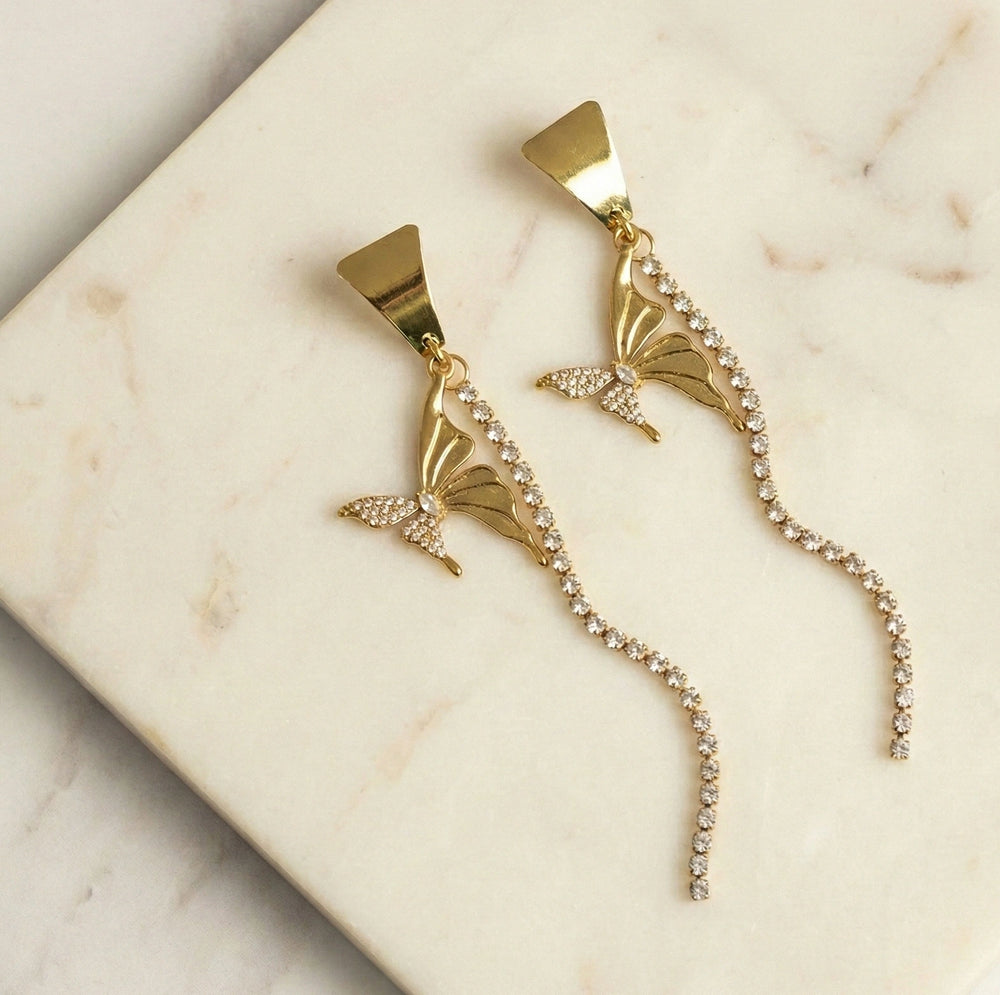 Butterfly Rhinestone Long Dangle Earrings - Anti Tarnish Gold Plated