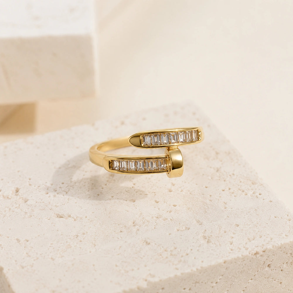 Nail Wrap Ring with Baguette Crystals | Anti-Tarnish Gold Plated