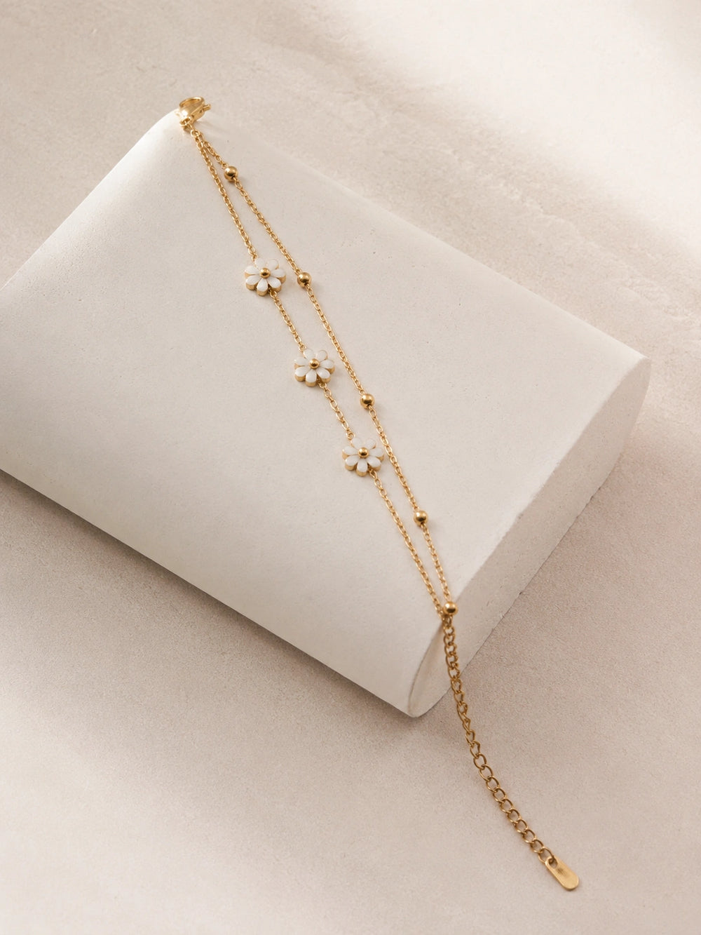 White Daisy Double Chain Bracelet | Anti-Tarnish Gold Plated Floral Jewelry