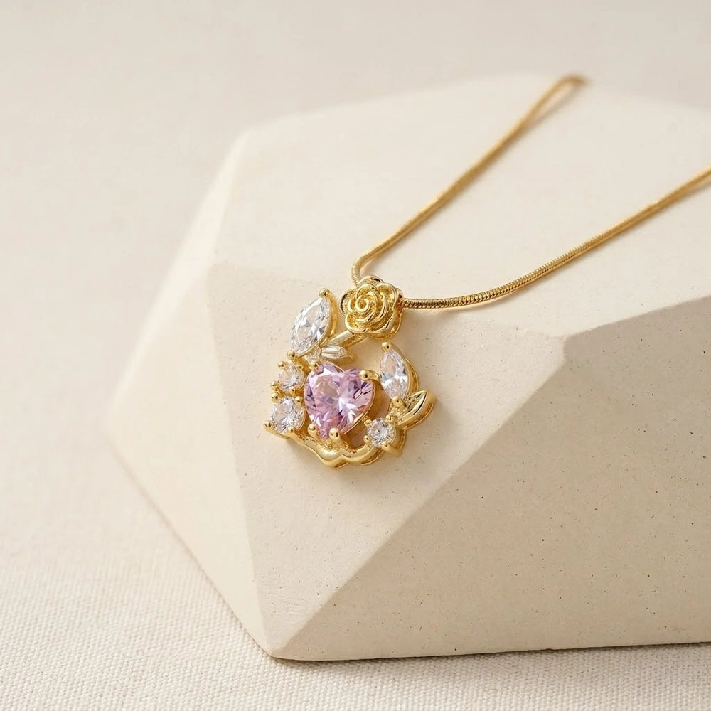 Pink Heart & Rose Floral Pendant Necklace - Anti Tarnish Gold Plated