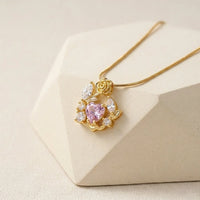 Pink Heart & Rose Floral Pendant Necklace - Anti Tarnish Gold Plated