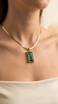 Emerald Green Rectangle Pendant Necklace - Anti Tarnish Gold Plated