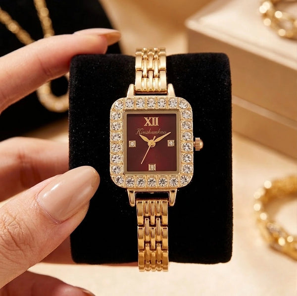 Elegant Square Red Dial Anti-Tarnish Gold Plated Stone Studded Watch for Women
