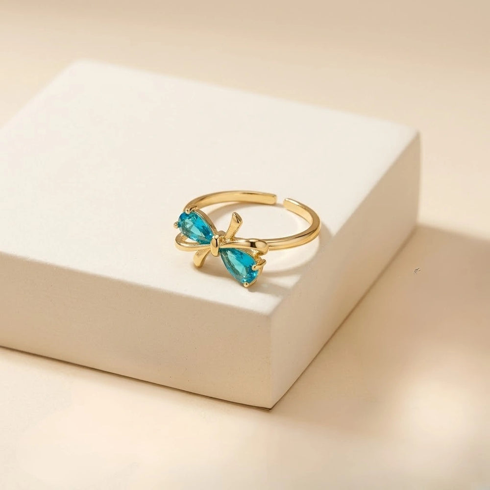 Aqua Blue Bow Ring - Anti Tarnish Gold Plated Adjustable