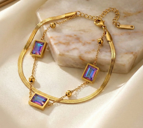 Aurora crystal double layer bracelet with gold-plated snake chain