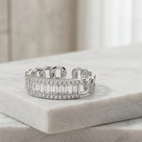 Baguette Crystal Chain Link Ring - Adjustable Silver Fashion Ring