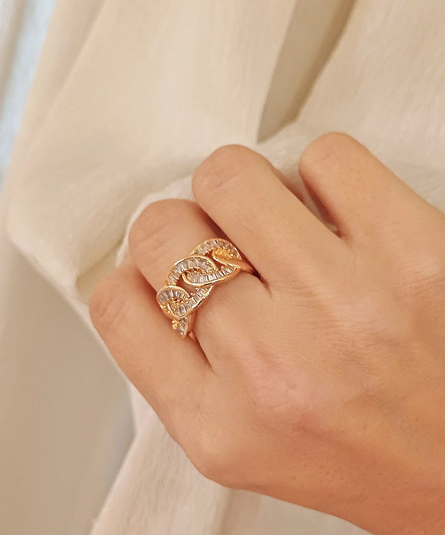 Baguette Zircon Gold Toned Curb Link Fashion Ring for Women | High Quality Statement Chain Ring