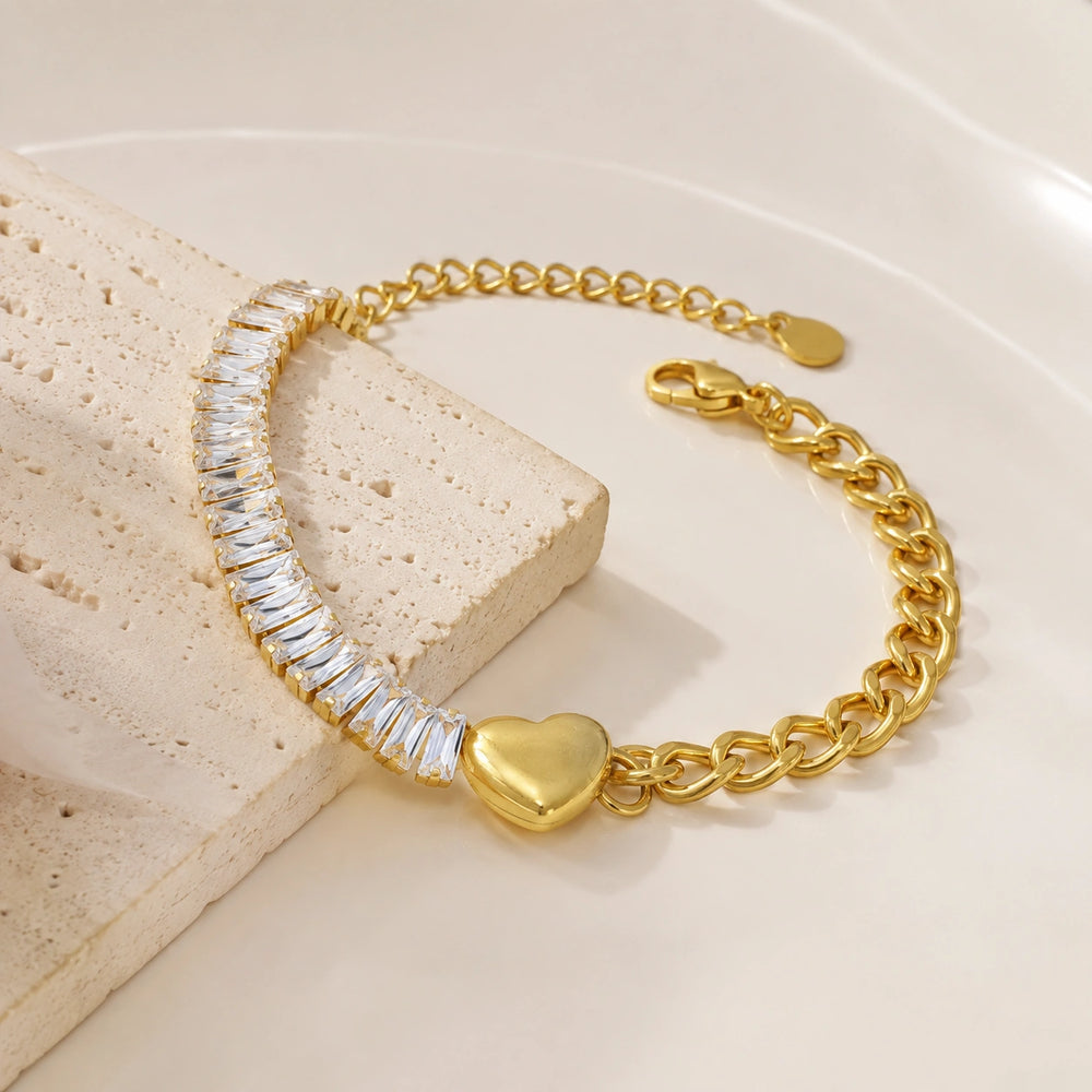 Baguette Crystal Heart Anti Tarnish Gold Plated Bracelet