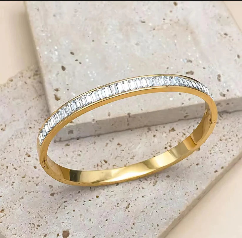 Baguette Crystal Hinged Bangle - Anti Tarnish Gold Plated Bracelet