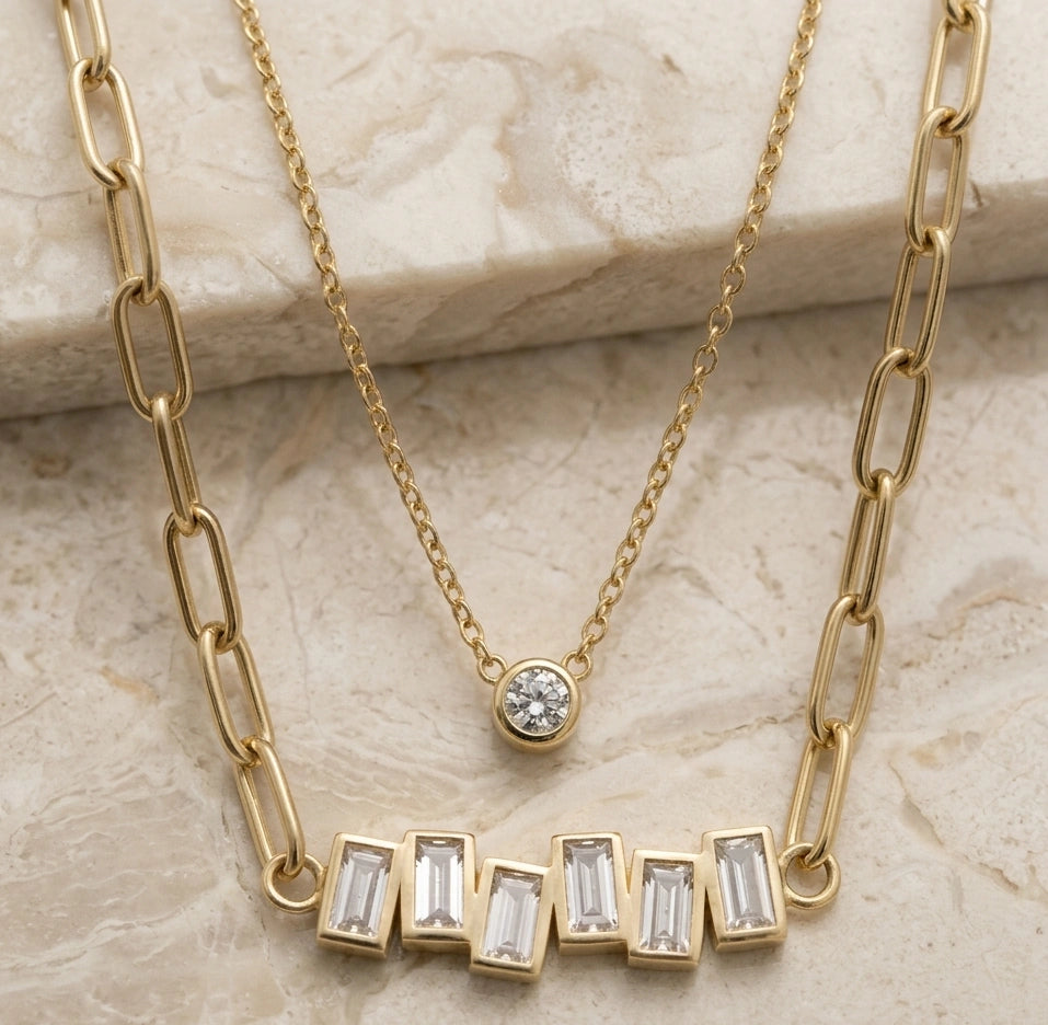 Layered Baguette & Solitaire Paperclip Necklace - Anti Tarnish