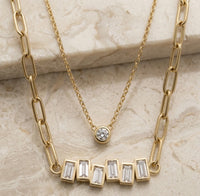 Layered Baguette & Solitaire Paperclip Necklace - Anti Tarnish