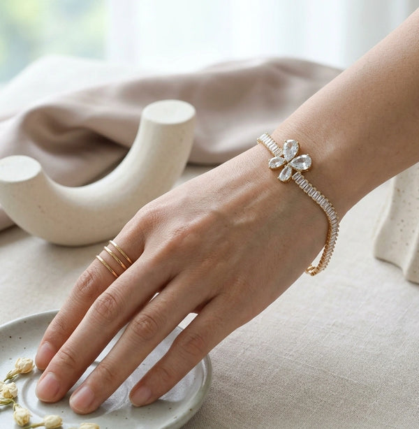 Anti-Tarnish Gold Plated Baguette CZ Floral Bracelet for Women