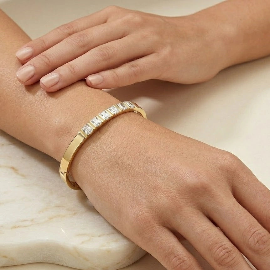 Baguette Stone Anti-Tarnish Gold-Plated Bracelet - Elegant Daily Wear Bangle