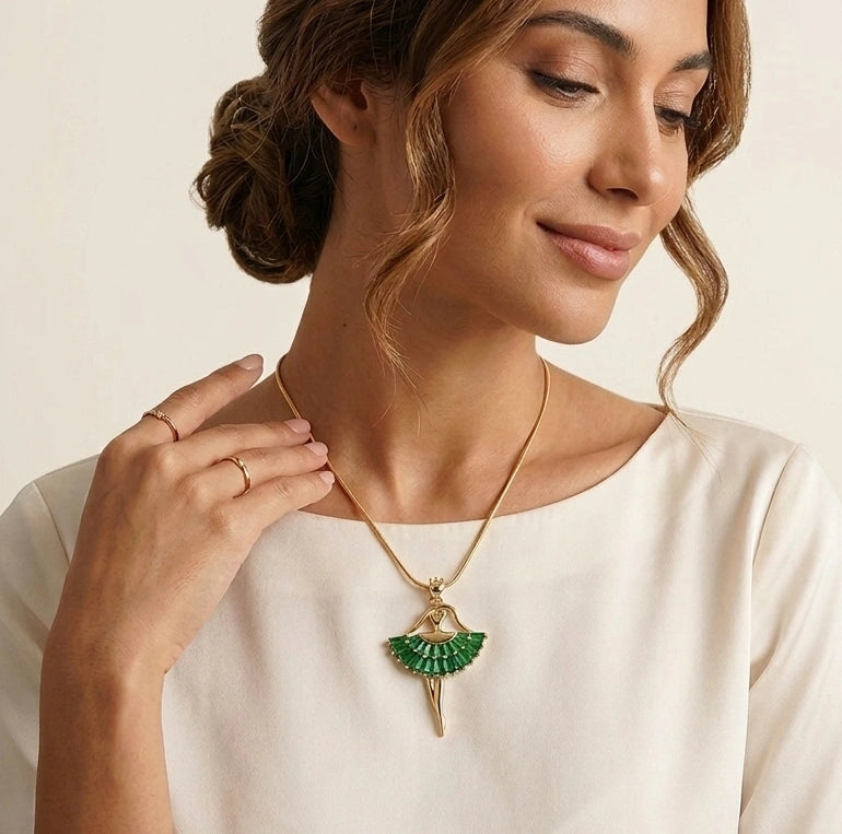 Emerald Green Ballerina Necklace - Anti-Tarnish Gold Plated Dancing Girl Pendant