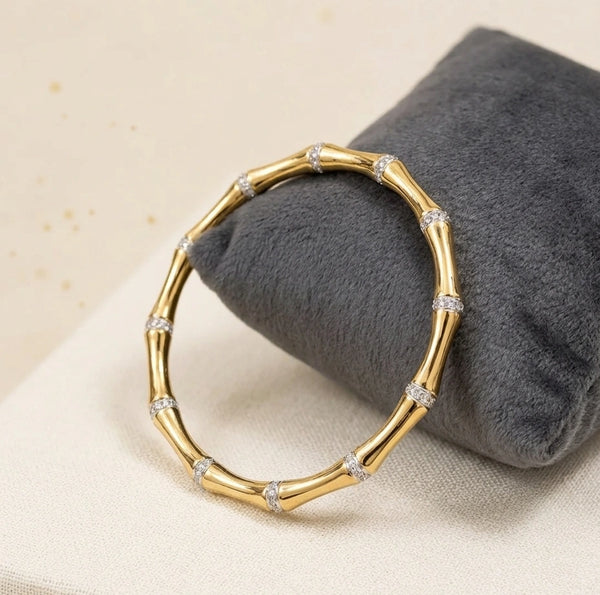 Front view of Bamboo Design Anti Tarnish Gold Plated Bracelet with CZ stones