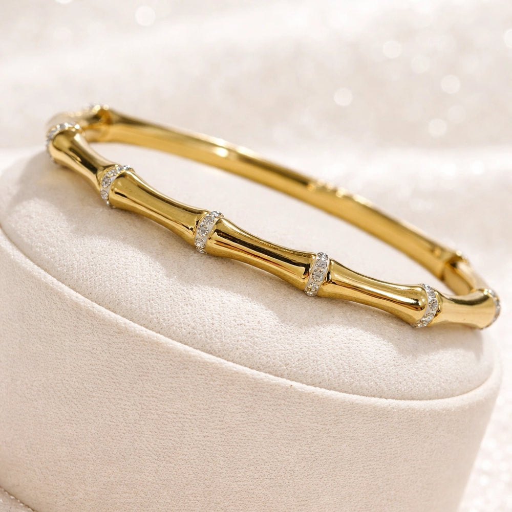 Bamboo Design Anti-Tarnish Gold Plated Bracelet with CZ Stones