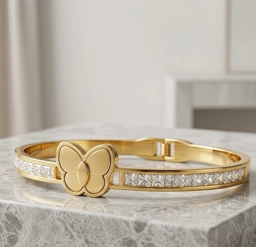 Gold Plated Butterfly & Bamboo Stacking Bracelet Set - 3 Piece Combo