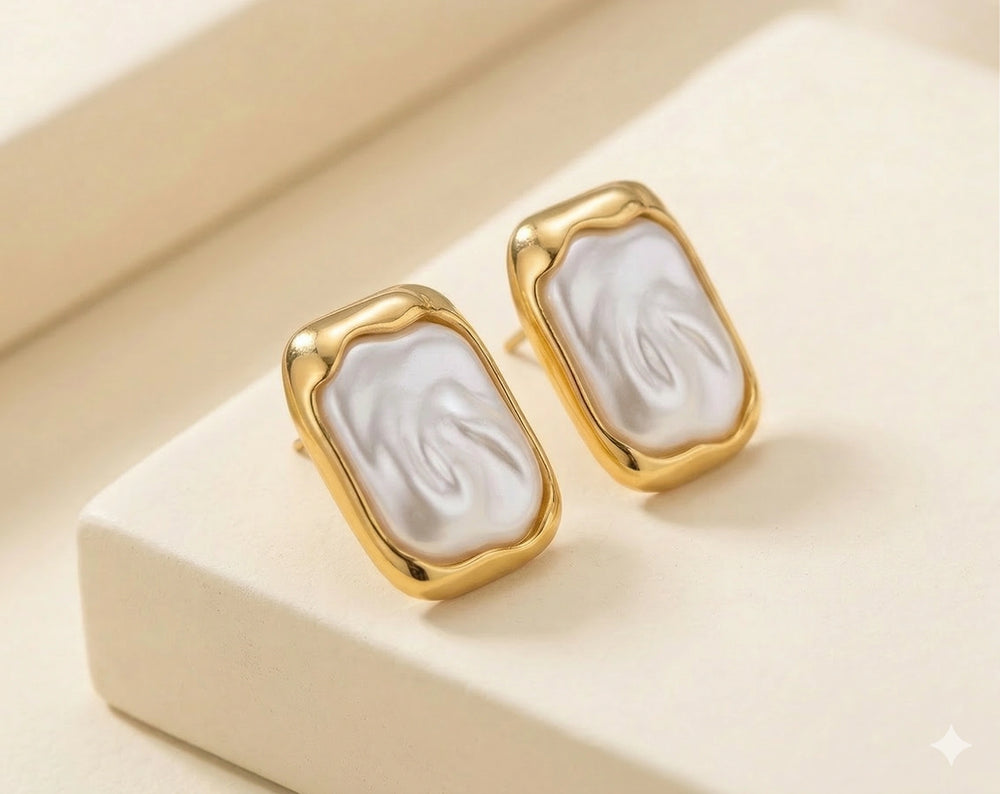 Baroque Pearl Earrings - Rectangular Gold Framed Vintage Studs for Women