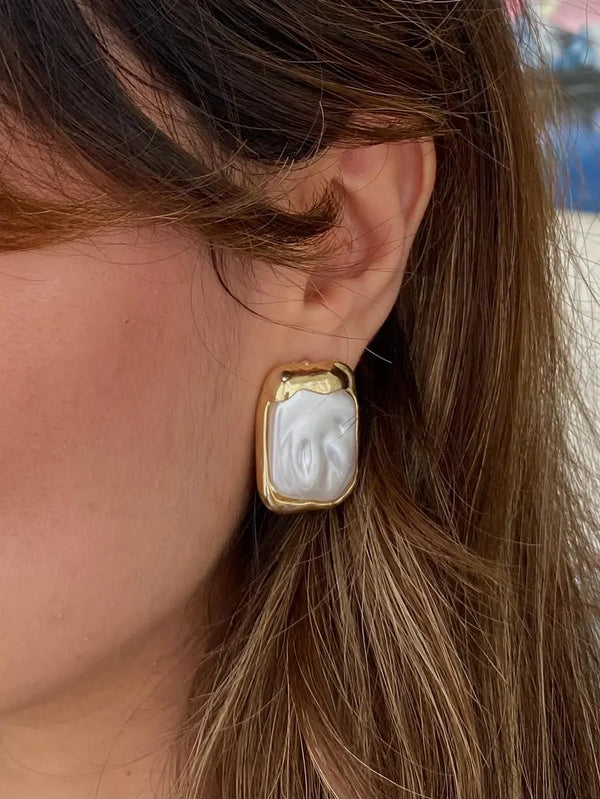 Baroque Pearl Earrings - Rectangular Gold Framed Vintage Studs for Women
