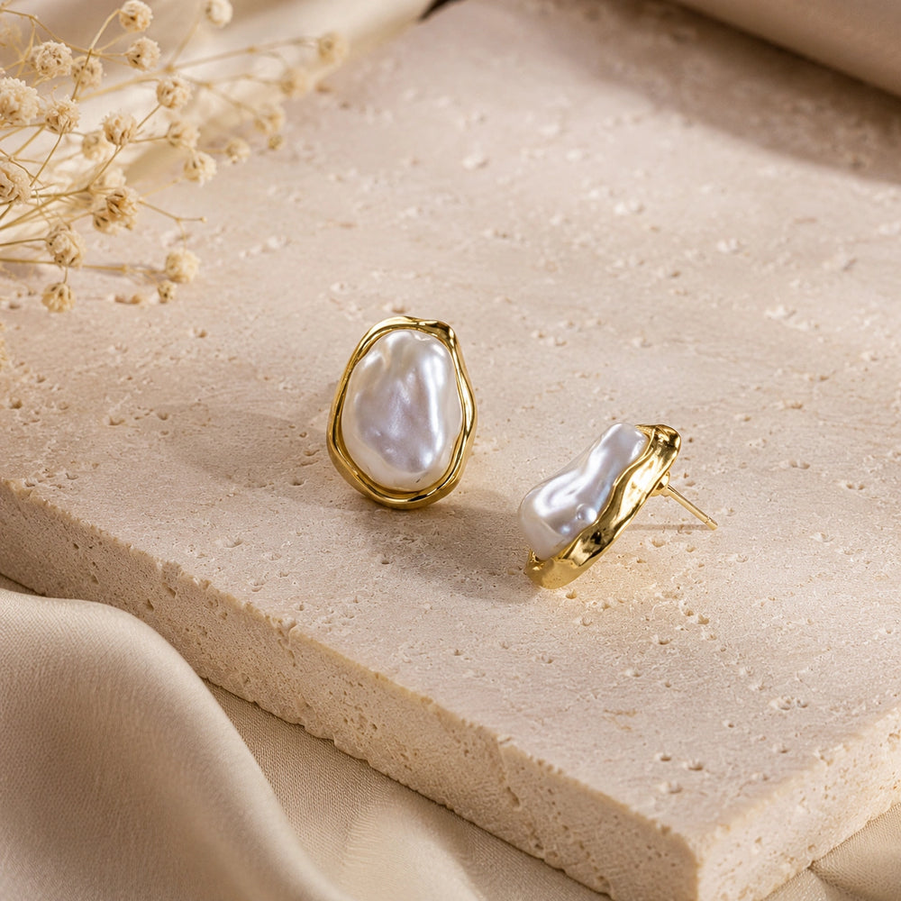 Baroque Pearl Gold Plated Stud Earrings | Irregular Vintage Style