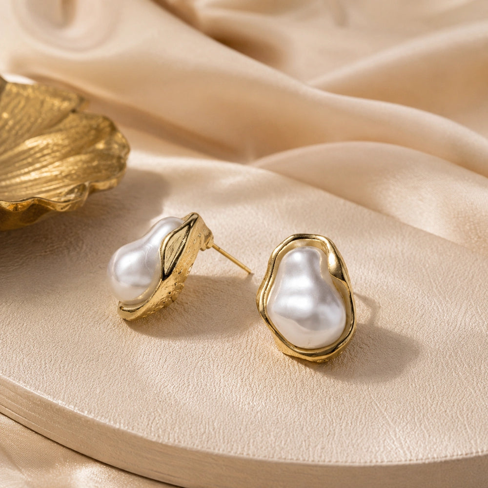 Baroque Pearl Stud Earrings - Gold Plated Vintage Design