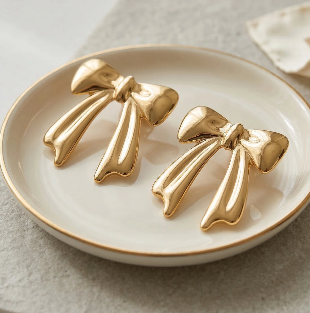 Gold Bow Stud Earrings for Women | Elegant Ribbon Fashion Jewelry