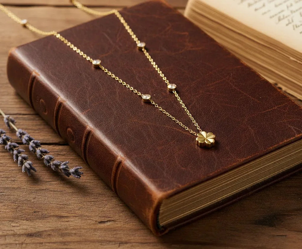 Four Leaf Clover Necklace - 18k Gold Plated Anti-Tarnish Floral Pendant with Stone Chain