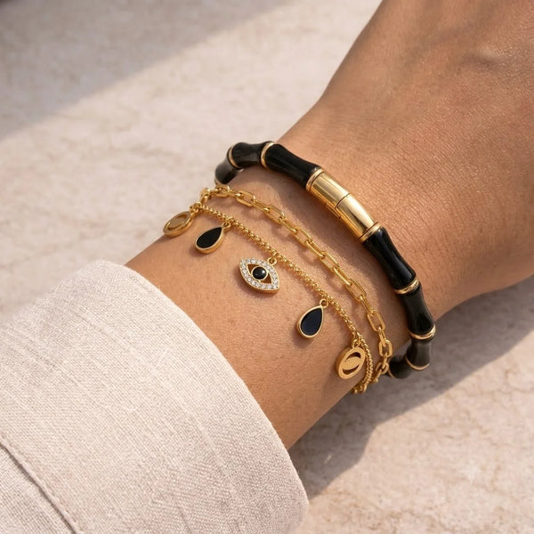 Evil Eye & Black Bamboo Stack - Anti-Tarnish Gold Plated Bracelet Combo