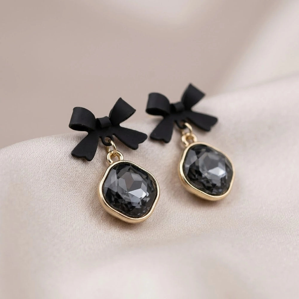 Black Bow Crystal Drop Earrings - Coquette Style Dangle Earrings