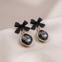 Black Bow Crystal Drop Earrings - Coquette Style Dangle Earrings