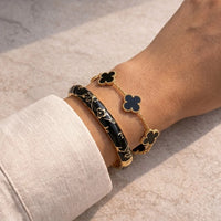 Black Clover & Floral Enamel Bangle Set - Anti Tarnish Gold Plated