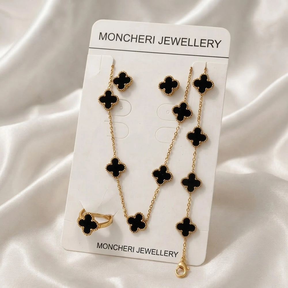 Black Lucky Clover Jewelry Set | Anti-Tarnish Gold Plated 4-Piece