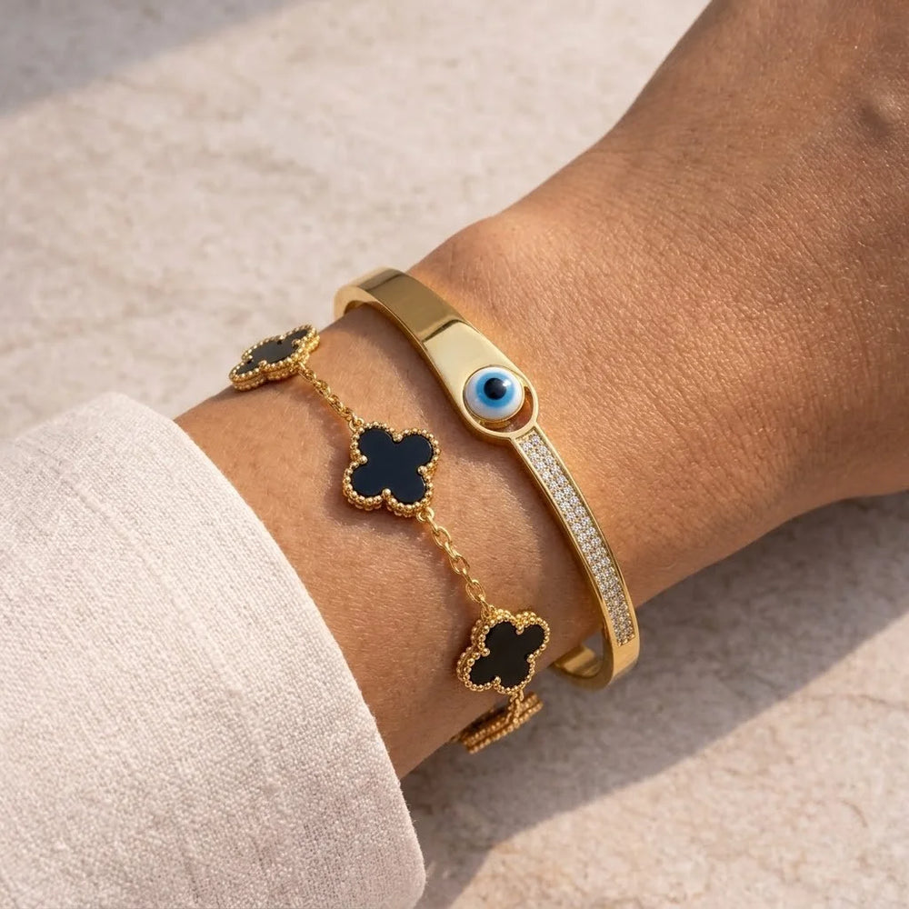 Black Clover & Evil Eye Gold Bracelet Stack (Anti-Tarnish)