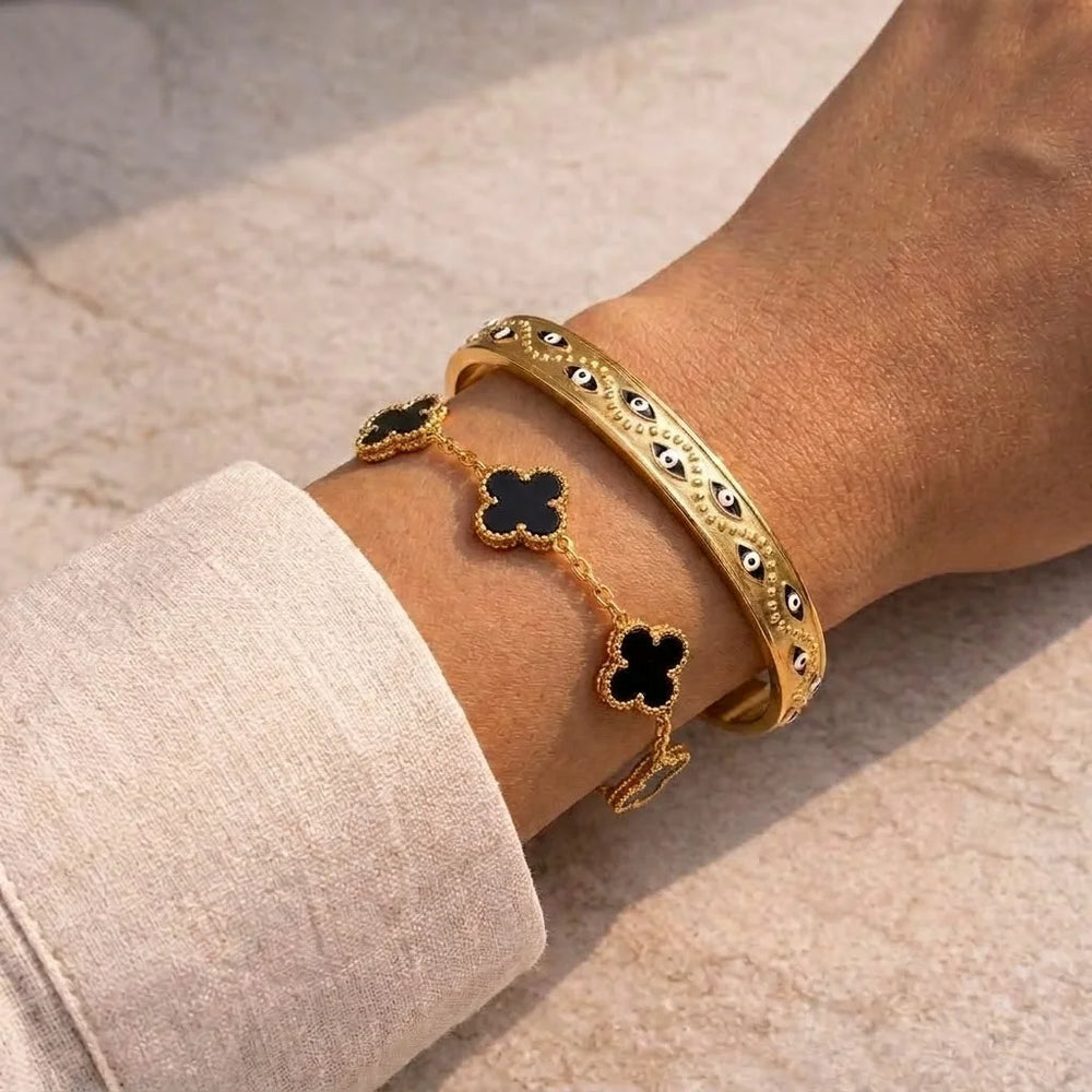 Black Clover & Evil Eye Bracelet Stack - Anti-Tarnish Gold Plated