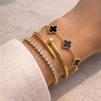 3-Piece Anti-Tarnish Gold Plated Bracelet Stack | Black Clover, Nail Bangle & Tennis Bracelet