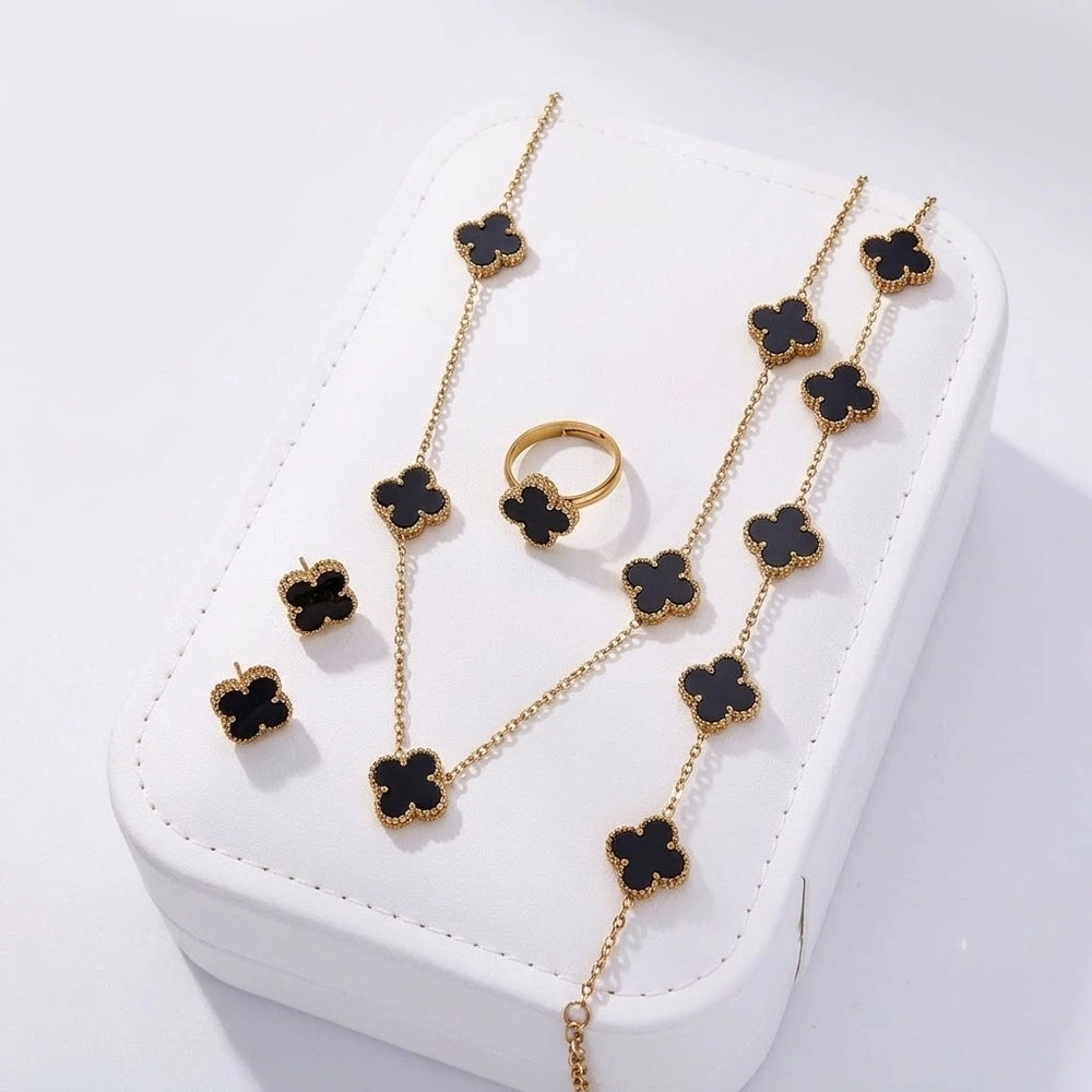 Black Lucky Clover Jewelry Set | Anti-Tarnish Gold Plated 4-Piece