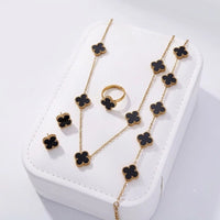 Black Lucky Clover Jewelry Set | Anti-Tarnish Gold Plated 4-Piece