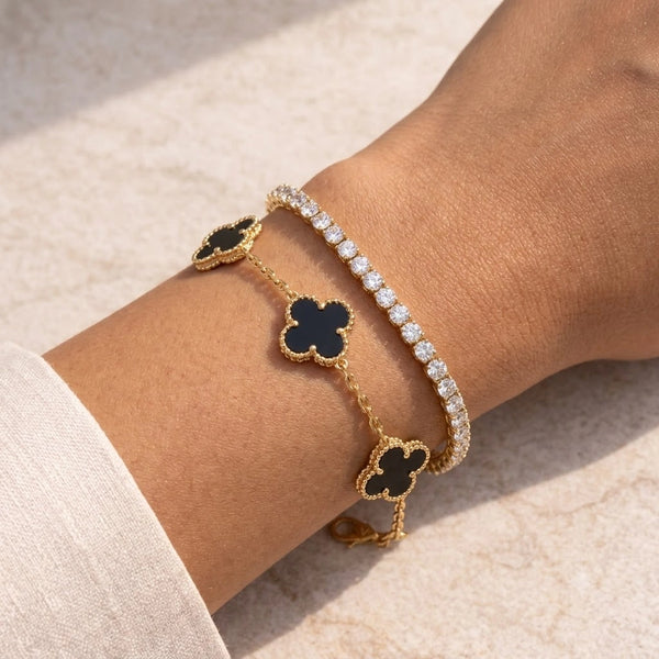 Old Money Black Clover & Tennis Bracelet Set | Anti-Tarnish Gold Plated